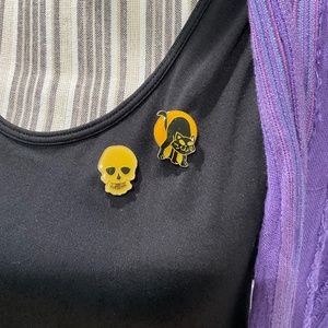 Set of Two Vintage Halloween Tack Pins, Skull and Black Cat
